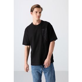 Tommy Life 88338 Siyah Pamuklu Kalın Yüzeyi Dokulu Oversize Fit Baskılı Erkek T-Shirt