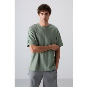 Tommy Life 88339 Açık Yeşil Pamuklu Kalın Yüzeyi Dokulu Oversize Fit Basic Erkek T-Shirt