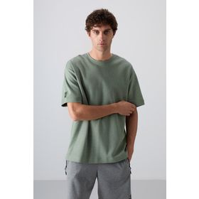 Tommy Life 88339 Açık Yeşil Pamuklu Kalın Yüzeyi Dokulu Oversize Fit Basic Erkek T-Shirt