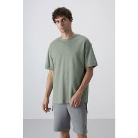 Tommy Life 88339 Açık Yeşil Pamuklu Kalın Yüzeyi Dokulu Oversize Fit Basic Erkek T-Shirt