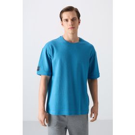 Tommy Life 88339 Petrol Mavi Pamuklu Kalın Yüzeyi Dokulu Oversize Fit Basic Erkek T-Shirt