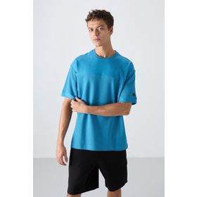 Tommy Life 88340 Petrol Mavi Pamuklu Kalın Yüzeyi Dokulu Oversize Fit Basic Erkek T-Shirt