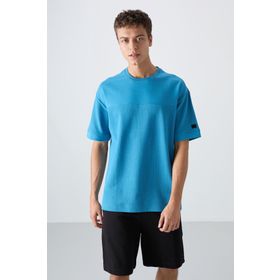 Tommy Life 88340 Petrol Mavi Pamuklu Kalın Yüzeyi Dokulu Oversize Fit Basic Erkek T-Shirt