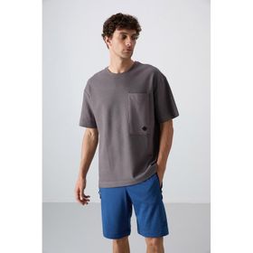 Tommy Life 88341 Koyu Gri Pamuklu Kalın Yüzeyi Dokulu Oversize Fit Basic Erkek T-Shirt