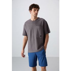 Tommy Life 88341 Koyu Gri Pamuklu Kalın Yüzeyi Dokulu Oversize Fit Basic Erkek T-Shirt