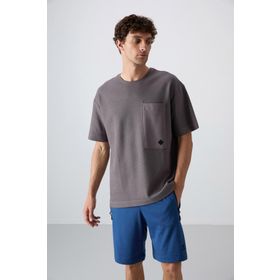 Tommy Life 88341 Koyu Gri Pamuklu Kalın Yüzeyi Dokulu Oversize Fit Basic Erkek T-Shirt