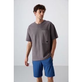 Tommy Life 88341 Koyu Gri Pamuklu Kalın Yüzeyi Dokulu Oversize Fit Basic Erkek T-Shirt