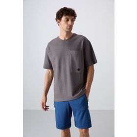 Tommy Life 88341 Koyu Gri Pamuklu Kalın Yüzeyi Dokulu Oversize Fit Basic Erkek T-Shirt