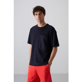 Tommy Life 88341 Lacivert Pamuklu Kalın Yüzeyi Dokulu Oversize Fit Basic Erkek T-Shirt
