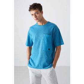 Tommy Life 88341 Petrol Mavi Pamuklu Kalın Yüzeyi Dokulu Oversize Fit Basic Erkek T-Shirt