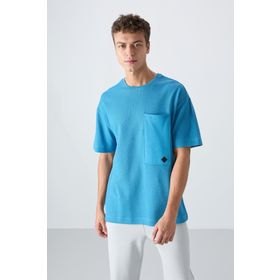 Tommy Life 88341 Petrol Mavi Pamuklu Kalın Yüzeyi Dokulu Oversize Fit Basic Erkek T-Shirt
