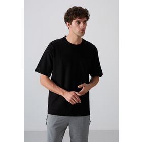 Tommy Life 88341 Siyah Pamuklu Kalın Yüzeyi Dokulu Oversize Fit Basic Erkek T-Shirt