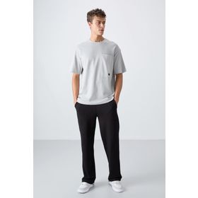 Tommy Life 88341 Taş Pamuklu Kalin Yuzeyi Dokulu Oversize Fit Basic Erkek T-Shirt