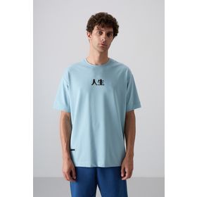 Tommy Life 88342 Açık Mavi Pamuklu Kalın Yumuşak Dokulu Oversize Fit Baskılı Erkek T-Shirt
