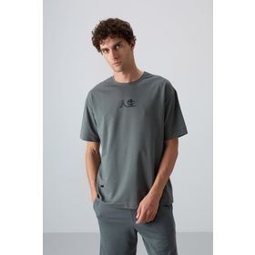 Tommy Life 88342 Haki Pamuklu Kalın Yumuşak Dokulu Oversize Fit Baskılı Erkek T-Shirt