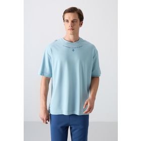 Tommy Life 88343 Açık Mavi Pamuklu Kalın Yumuşak Dokulu Oversize Fit Baskılı Erkek T-Shirt