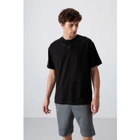 Tommy Life 88343 Siyah Pamuklu Kalın Yumuşak Dokulu Oversize Fit Baskılı Erkek T-Shirt