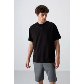 Tommy Life 88343 Siyah Pamuklu Kalın Yumuşak Dokulu Oversize Fit Baskılı Erkek T-Shirt
