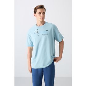 Tommy Life 88344 Açık Mavi Pamuklu Kalın Yumuşak Dokulu Oversize Fit Baskılı Erkek T-Shirt
