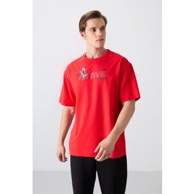 Tommy Life 88344 Kırmızı Fiesta Pamuklu Kalın Yumuşak Dokulu Oversize Fit Baskılı Erkek T-Shirt