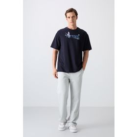 Tommy Life 88344 Lacivert Pamuklu Kalın Yumuşak Dokulu Oversize Fit Baskılı Erkek T-Shirt