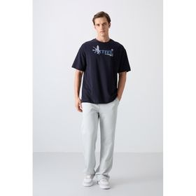 Tommy Life 88344 Lacivert Pamuklu Kalın Yumuşak Dokulu Oversize Fit Baskılı Erkek T-Shirt