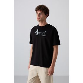 Tommy Life 88344 Siyah Pamuklu Kalin Yumusak Dokulu Oversize Fit Baskili Erkek T-Shirt