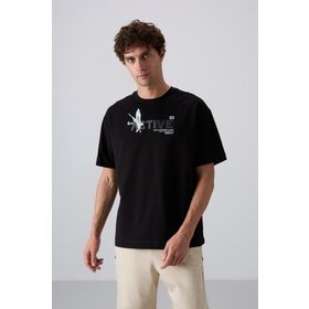 Tommy Life 88344 Siyah Pamuklu Kalin Yumusak Dokulu Oversize Fit Baskili Erkek T-Shirt