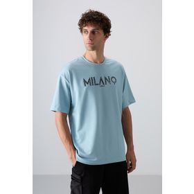 Tommy Life 88345 Açık Mavi Pamuklu Kalın Yumuşak Dokulu Oversize Fit Baskılı Erkek T-Shirt