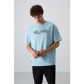 Tommy Life 88345 Açık Mavi Pamuklu Kalın Yumuşak Dokulu Oversize Fit Baskılı Erkek T-Shirt