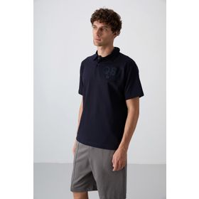Tommy Life 88347 Lacivert Pamuklu Kalın Yumuşak Dokulu Oversize Fit Baskılı Polo Yaka Erkek T-Shirt