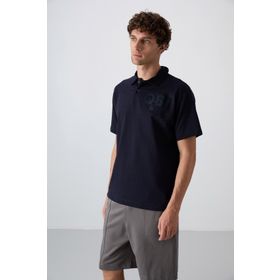 Tommy Life 88347 Lacivert Pamuklu Kalın Yumuşak Dokulu Oversize Fit Baskılı Polo Yaka Erkek T-Shirt
