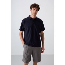 Tommy Life 88347 Lacivert Pamuklu Kalın Yumuşak Dokulu Oversize Fit Baskılı Polo Yaka Erkek T-Shirt