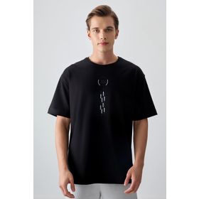 Tommy Life 88355 Siyah %100 Pamuk Kalın Yumuşak Dokulu Oversize Fit Baskılı Erkek T- Shirt