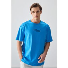 Tommy Life 88361 Petrol Mavi %100 Pamuk Kalın Yumuşak Dokulu Oversize Fit Baskılı Erkek T-Shirt