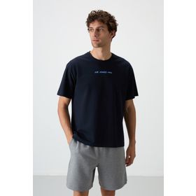 Tommy Life 88364 Lacivert Pamuklu Kalın Yüzeyi Dokulu Oversize Fit Baskılı Erkek T-Shirt