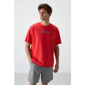 Tommy Life 88365 Kırmızı Fiesta Pamuklu Kalın Yüzeyi Dokulu Oversize Fit Baskılı Erkek T-Shirt