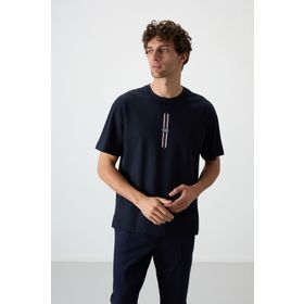 Tommy Life 88366 Lacivert Pamuklu Kalın Yüzeyi Dokulu Oversize Fit Baskılı Erkek T-Shirt