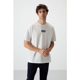 Tommy Life 88367 Ekru Pamuklu Kalın Yüzeyi Dokulu Oversize Fit Baskılı Erkek T-Shirt