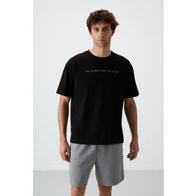 Tommy Life 88371 Siyah Pamuklu Kalın Yüzeyi Dokulu Oversize Fit Baskılı Erkek T-Shirt