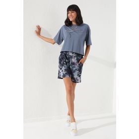 Tommy Life 91005 Eflatun Batik Desenli Bağcıklı Cepli Rahat Form Bermuda Kadın Şort