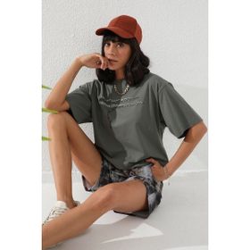 Tommy Life 91005 Haki Kadın Batik Desenli Bağcıklı Cepli Rahat Form Bermuda Şort