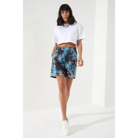 Tommy Life 91005 Turkuaz Kadın Batik Desenli Bağcıklı Cepli Rahat Form Bermuda Şort