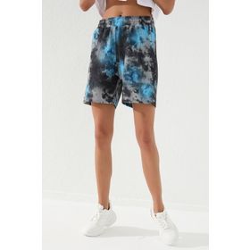 Tommy Life 91005 Turkuaz Kadın Batik Desenli Bağcıklı Cepli Rahat Form Bermuda Şort