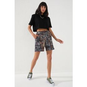 Tommy Life 91006 Eflatun Yazı Baskılı Batik Desenli Bağcıklı Rahat Form Bermuda Kadın Şort