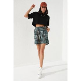 Tommy Life 91006 Haki Yazı Baskılı Batik Desenli Bağcıklı Rahat Form Bermuda Kadın Şort