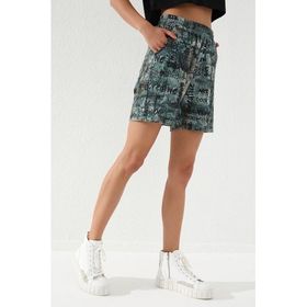 Tommy Life 91006 Haki Yazı Baskılı Batik Desenli Bağcıklı Rahat Form Bermuda Kadın Şort