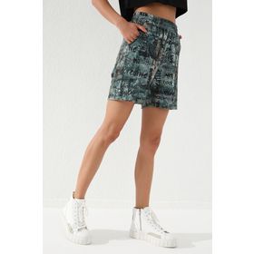 Tommy Life 91006 Haki Yazı Baskılı Batik Desenli Bağcıklı Rahat Form Bermuda Kadın Şort
