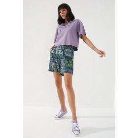 Tommy Life 91006 Yeşil Yazı Baskılı Batik Desenli Bağcıklı Rahat Form Bermuda Kadın Şort