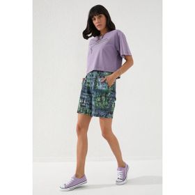 Tommy Life 91006 Yeşil Yazı Baskılı Batik Desenli Bağcıklı Rahat Form Bermuda Kadın Şort